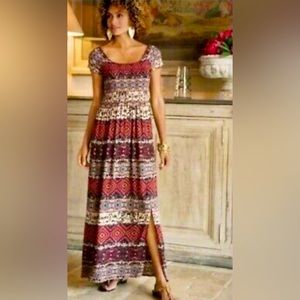 Soft Surroundings Macelo Smocked & Crinkled Tiered Front Slit Maxi Dress